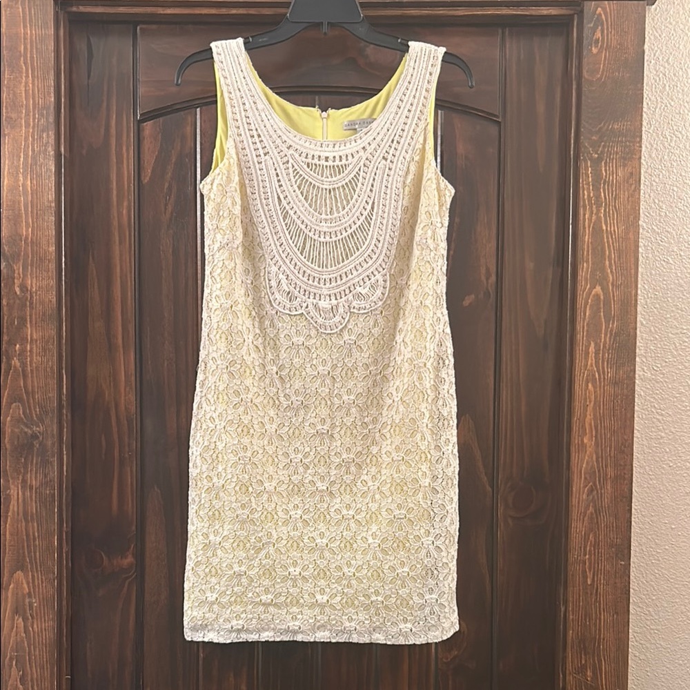 Sandra Darren Yellow and Cream Lace Dress